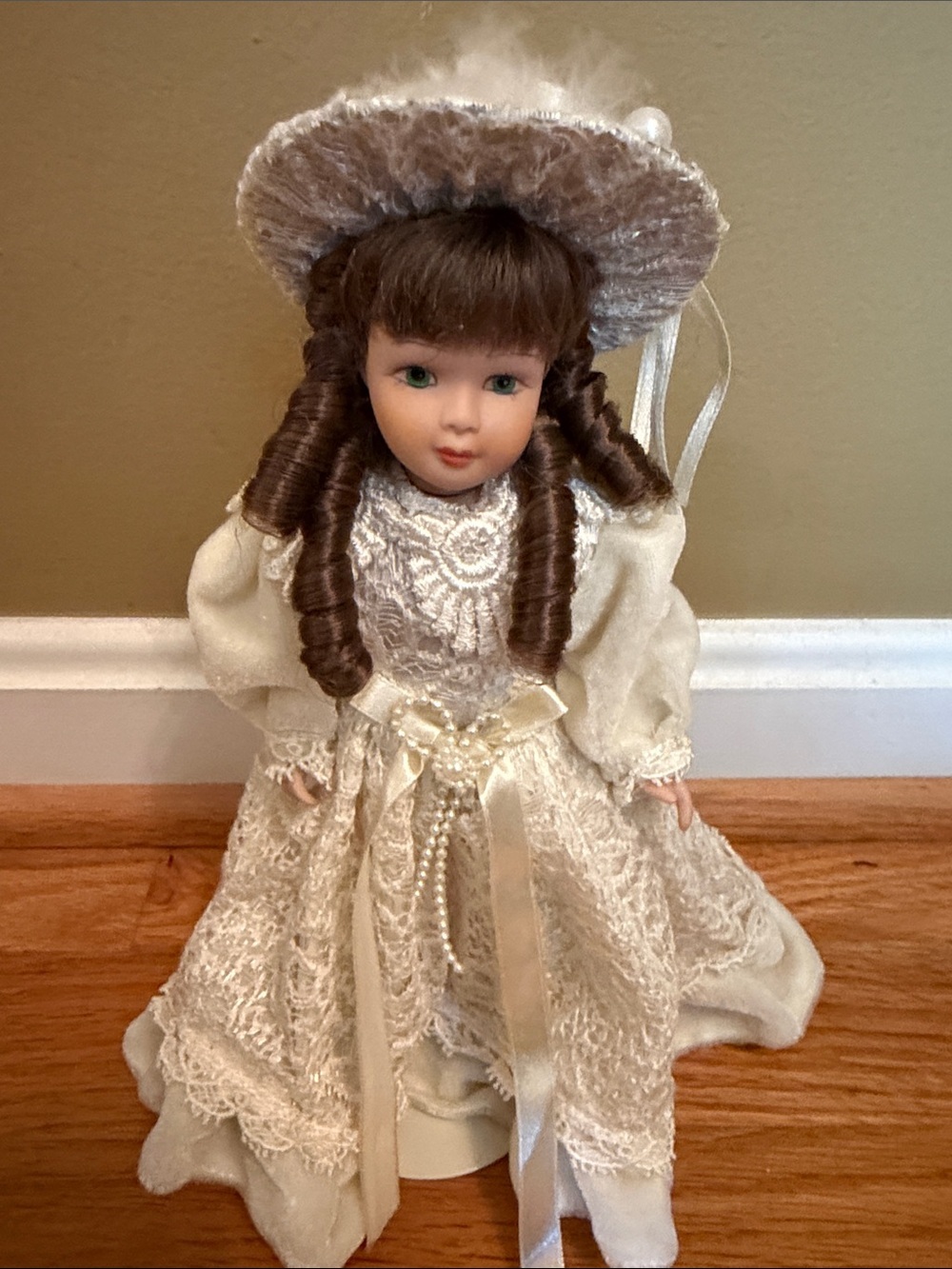Vintage Porcelain Victorian-Style Collectible Doll in Cream Lace Dress